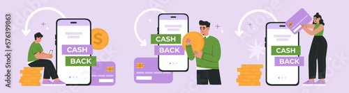 Set of young peoples receives cashback from online payment. Concept of Internet transaction, refund and saving money. Hand drawn vector illustration isolated on purple background, flat cartoon style