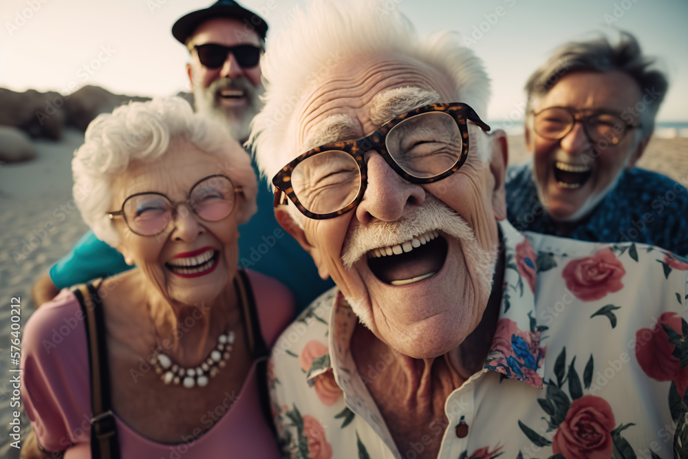 Fun in the sun: Caucasian seniors enjoying beach vacations. Generative AI illustration. Fun in the sun: Caucasian seniors enjoying beach vacations. Generative AI illustration.