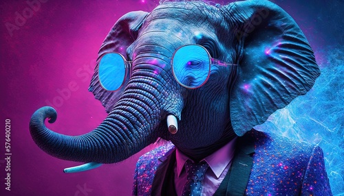Un éléphant portant des lunettes de soleil réfléchissantes avec des tourbillons de rose néon ultraviolet.
