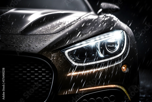 Close up of a generic unbranded luxury car under rain, generative ai illustration