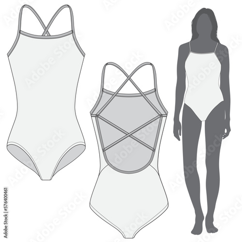 One piece Swimsuit fashion flat and Model sketch template. Women Active wear Crop tank top Technical Mockup Fashion Illustration