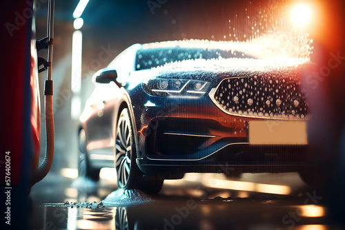 Generic and unbranded clean car in a car wash, generative ai illustration © Cla78