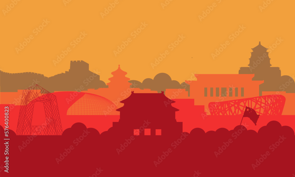 Illustration of china beijing city silhouette with various buildings, monuments, tourist attractions