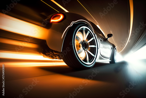 Generic and unbranded modern sport car in a tunnel with light trails, generative ai illustration