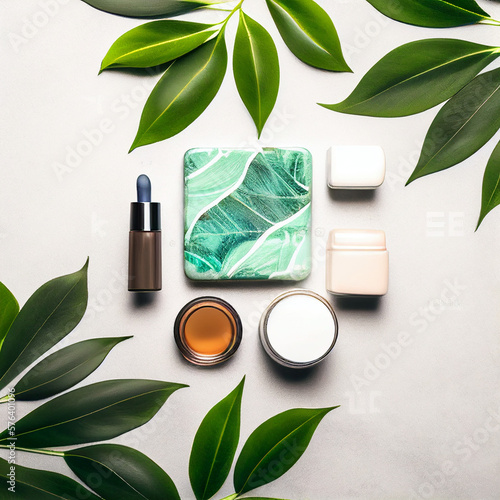 top view of beautiful make up on the marble background with green leaf, generative ai