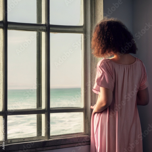 woman in a nightgown at the window looking at the sea © Evgenii
