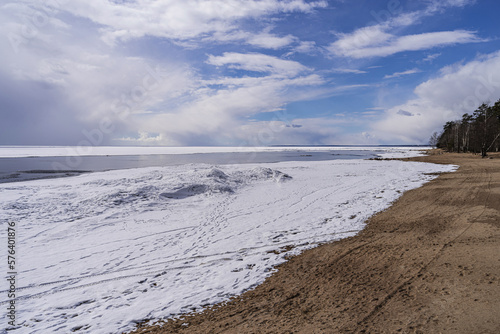 View of the Gulf of Finland in early spring, in the Leningrad region, near St. Petersburg