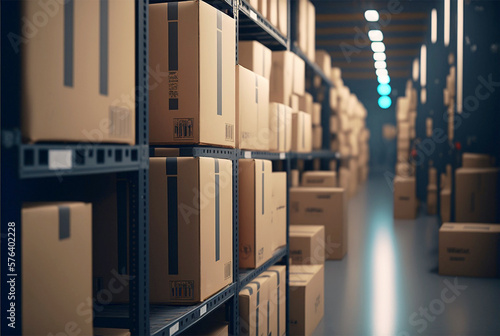 cardboard boxes abound in the inventory in the contemporary warehouse storage of the retail store, generative ai