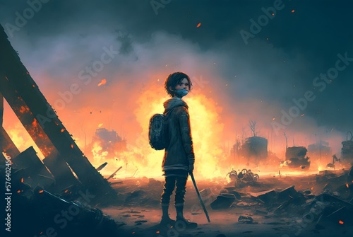 young survivor in the apocalyptic world, digital art style, illustration painting
