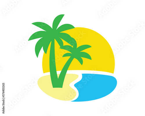 Sunset with Palm Trees in the Beach Simple Illustration