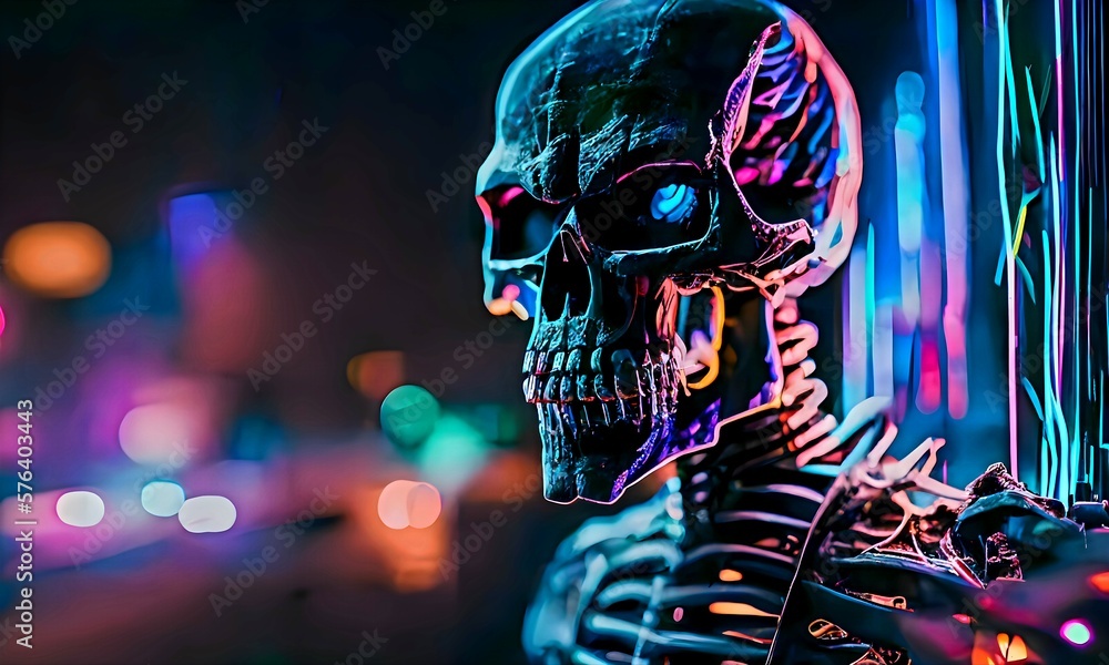 Skeleton skull cyberpunk design néon light. Created with Generative AI.