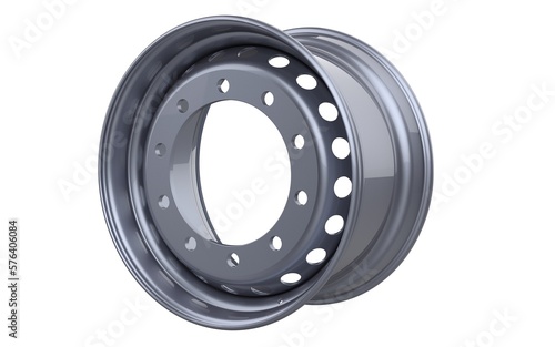 Metallic painted heavy truck tire rim on white background 3d Rendering