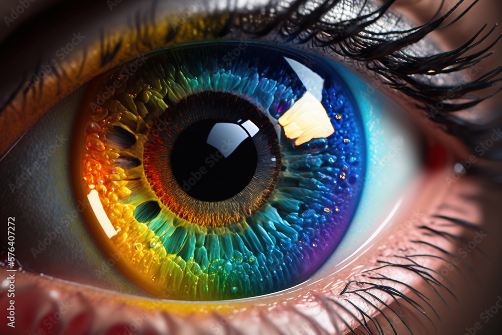 Creative Eye concept, with human eye colored in rainbow colors. Generative AI illustration