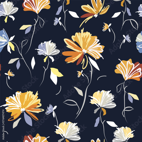 Summer handmade floral background. Botanical background from abstract flowers. Sketchy drawing of white outlines and yellow-brown strokes, blue background. wallpaper, bedspreads, bed linen, textiles