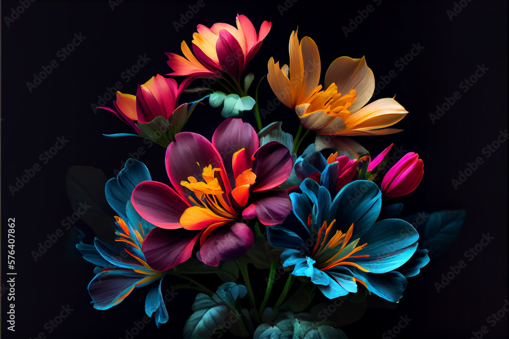 bouquet of bright spring flowers on dark background , AI Generated bouquet of bright spring flowers on dark background , AI Generated