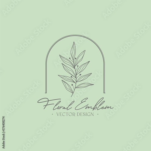 Set of vector feminine floral emblem.Elegant logo design with linear branch and frame.Modern botanical badge in trendy minimalist style.Branding design template.