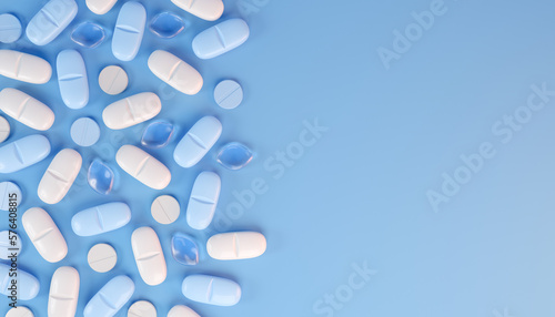 3d rendering of some blue and white tablets  pills - Medicine on blue background.