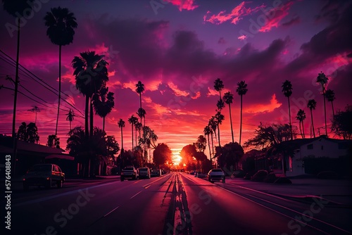 Photo Sunrise at sunset boulevard with pink sky and the palm tree lined road, generati