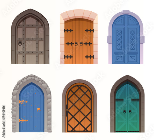 Castle medieval doors. Cartoon ancient fortress wooden gates, door with wrought iron elements. Wooden doors, gates.