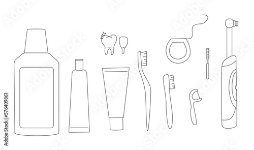 Set of dental cleaning tools and oral care hygiene products. Outline illustration of toothbrush, tooth, toothpaste and dental floss	
