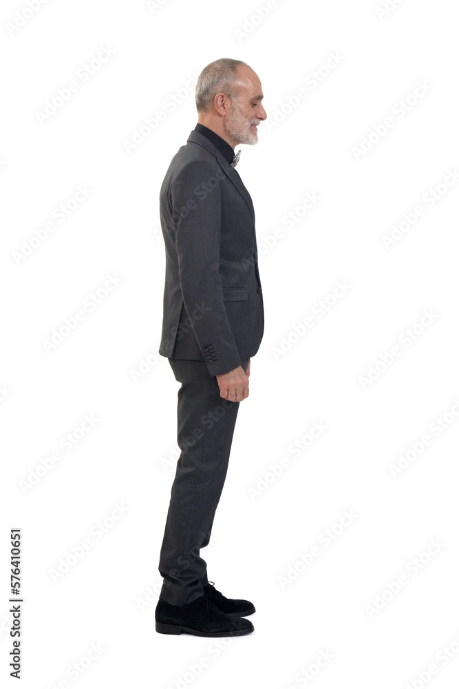 side view of a man standing with suit and bow tie on white background side view of a man standing with suit and bow tie on white background