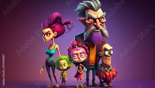 A family in 3D Cartoon style. Colorful and funny.
