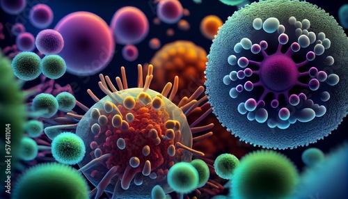 A colorful illustration of viruses, bacteria and microorganism cells. Generative AI, Generative, AI © nonblok