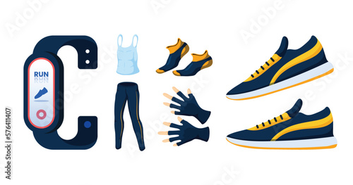 Smart watch running, Sport bra, Blue Legging, Blue and yellow socks, Blues sports gloves, blue sneakers,Fashion of man,fashion sport products,Health and Fitness Products collection isometric vector