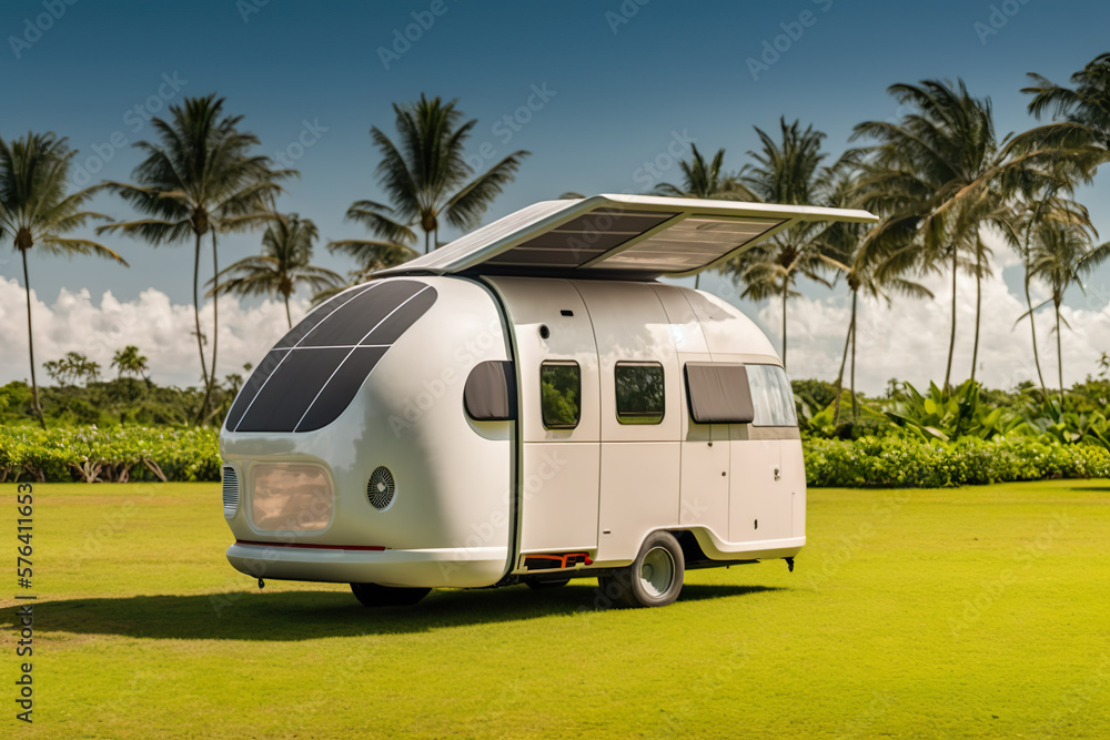 Sustainable Adventure: Exploring the Tropics in a Futuristic Electric Camper Van. Generative AI