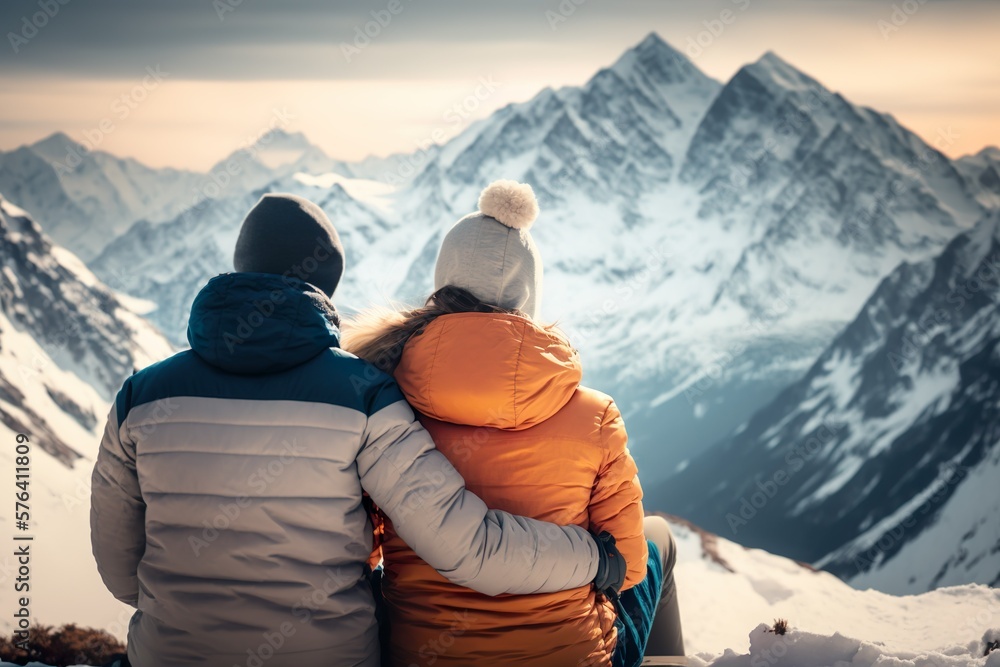 Adventurous Couple Enjoying Breathtaking Mountain View. Generative AI