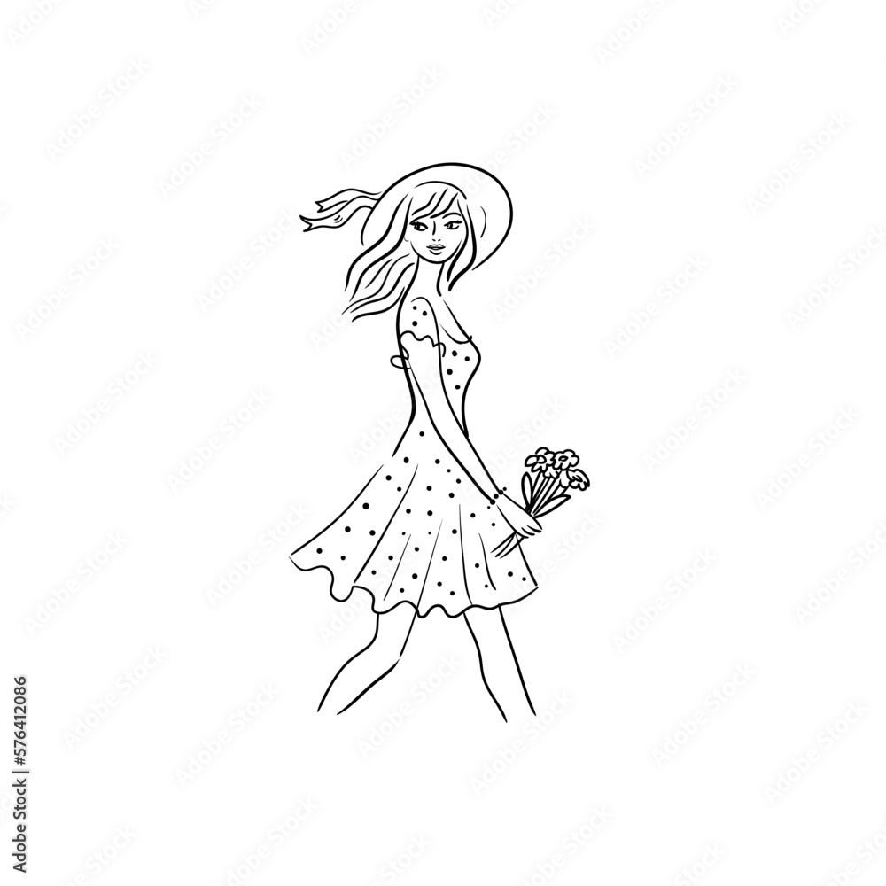 Beautiful young woman carries flowers.Summer stock vector illustration.Girl in a straw hat.
