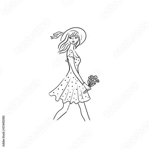 Beautiful young woman carries flowers.Summer stock  illustration.Girl in a straw hat. © liza