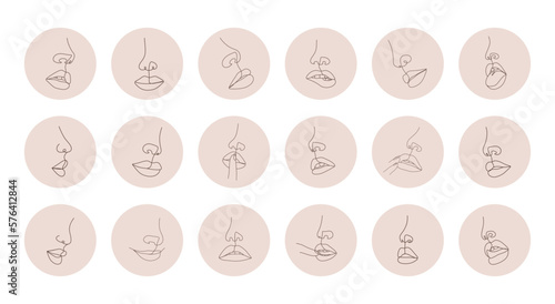 Linear female lips. Set of highlight covers for social media. Vector Illustration of elegant woman portraits in a trendy linear style. Beauty logo for beauty or permanent salon.
