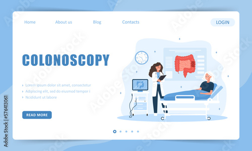 Colonoscopy concept. Landing page template. Female proctologist examine intestine. Elderly woman is being examined in hospital. Vector illustration in flat cartoon style. Prevention of cancer.