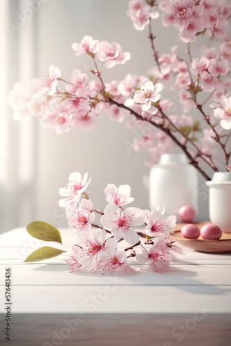 Cherry blossoms on wthite table photo