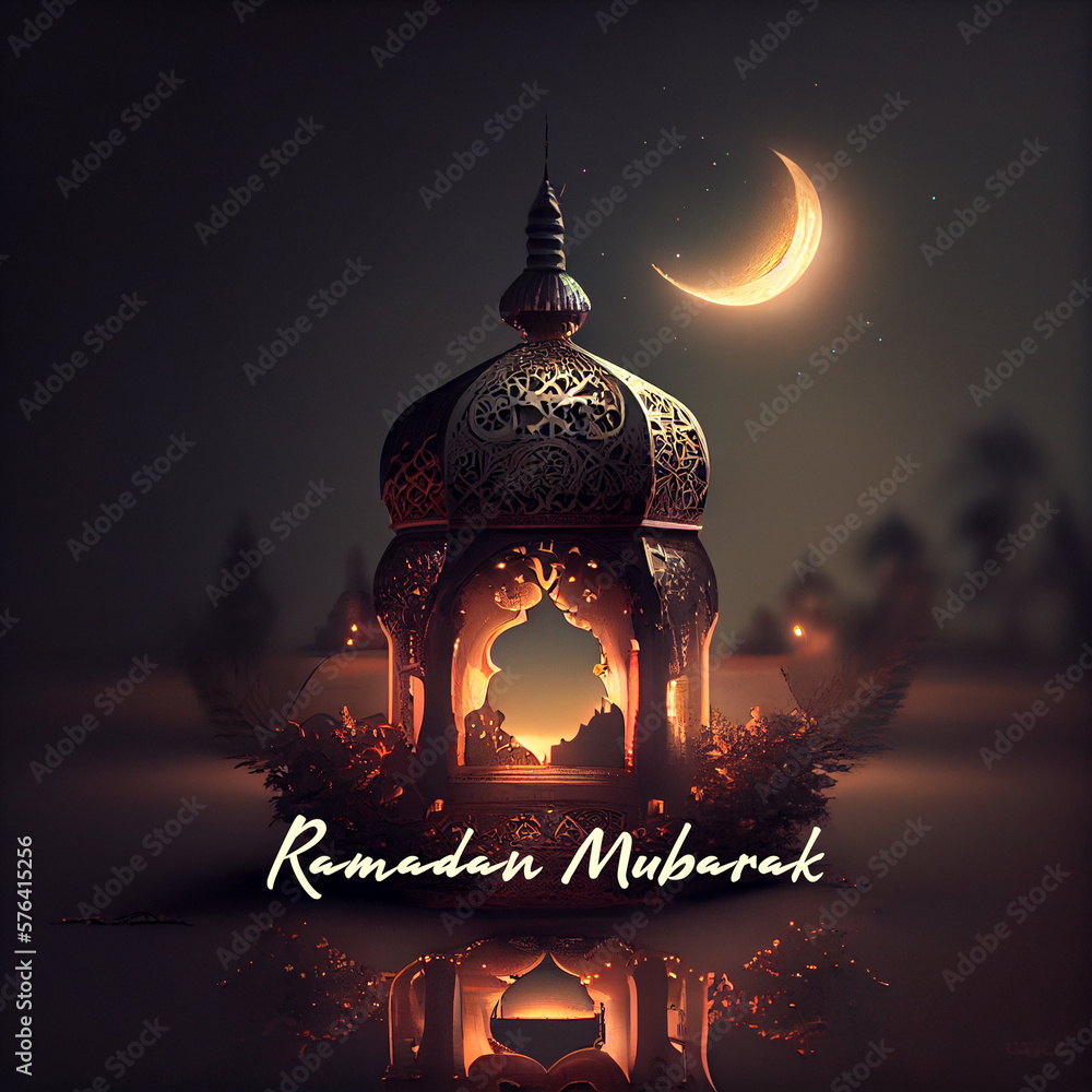 3d modern Islamic holiday banner, suitable for Ramadan, Raya Hari, Eid al Adha and Mawlid. A lit up lantern and crescent moon decor on serene evening background. Generating Ai. 3d modern Islamic holiday banner, suitable for Ramadan, Raya Hari, Eid al Adha and Mawlid. A lit up lantern and crescent moon decor on serene evening background. Generating Ai.
