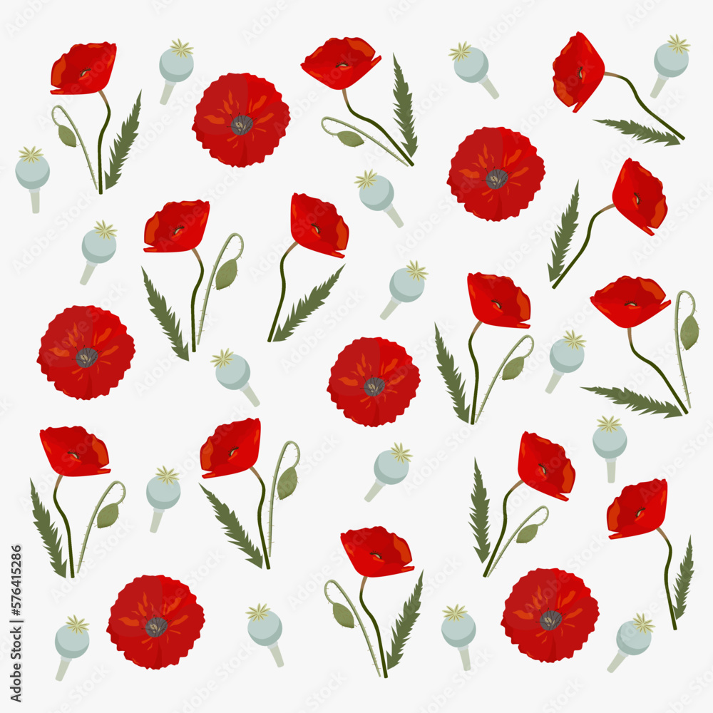 Fototapeta premium Pattern Poppies flowers in grey background for textil, gift paper, box 