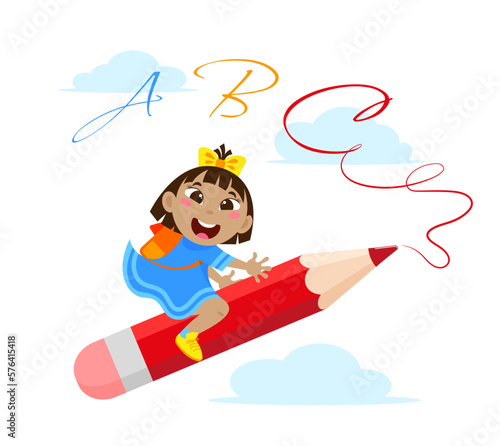 Сheerful schoolgirl flies astride a pencil on a white background with blue clouds and writes the alphabet