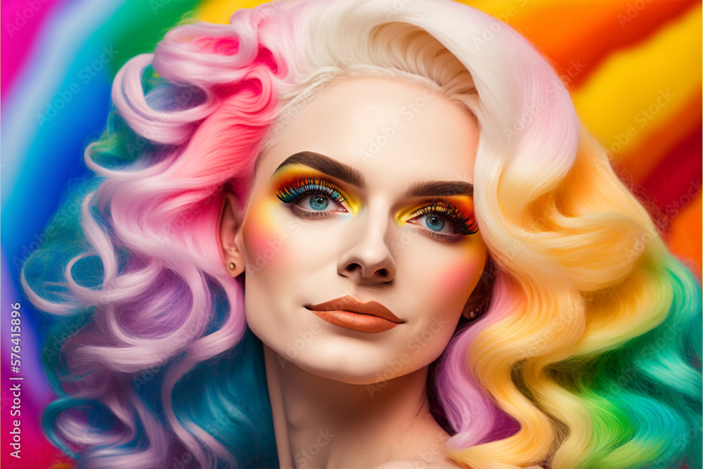 Fototapeta premium Beauty Fashion colored hair Girl with Colorful Dyed Hair. Girl with perfect makeup and hairstyle colorimetry Model with perfect healthy hair rainbow hairstyles, Colourful Funny Woman, generative ai