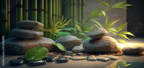 image of bamboo stones and leaves background for wellness spa treatments, generative ai