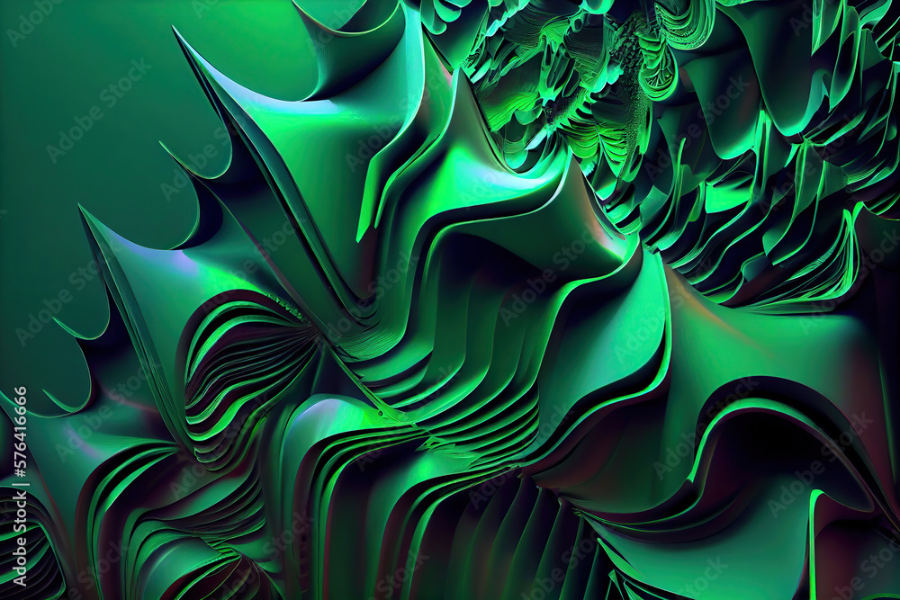 Generative illustration AI of abstract green wallpaper or background design, wavy floral surface. Artwork