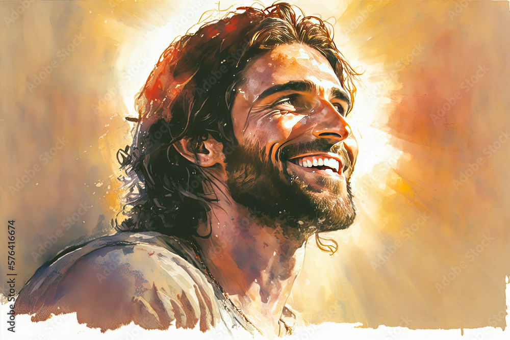 Realistic watercolor portrait of Jesus Christ smiling and illuminated ...