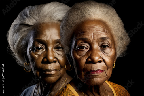 Two afro-american elderly women portrait on black background. Beautiful black mature ladies looking at camera on black background, Generative AI illustration.