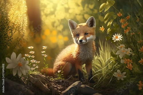 Red fox in the forest at sunset. Generative AI