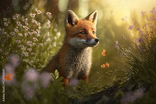 Red fox, Vulpes vulpes, standing in the grass. Generative AI