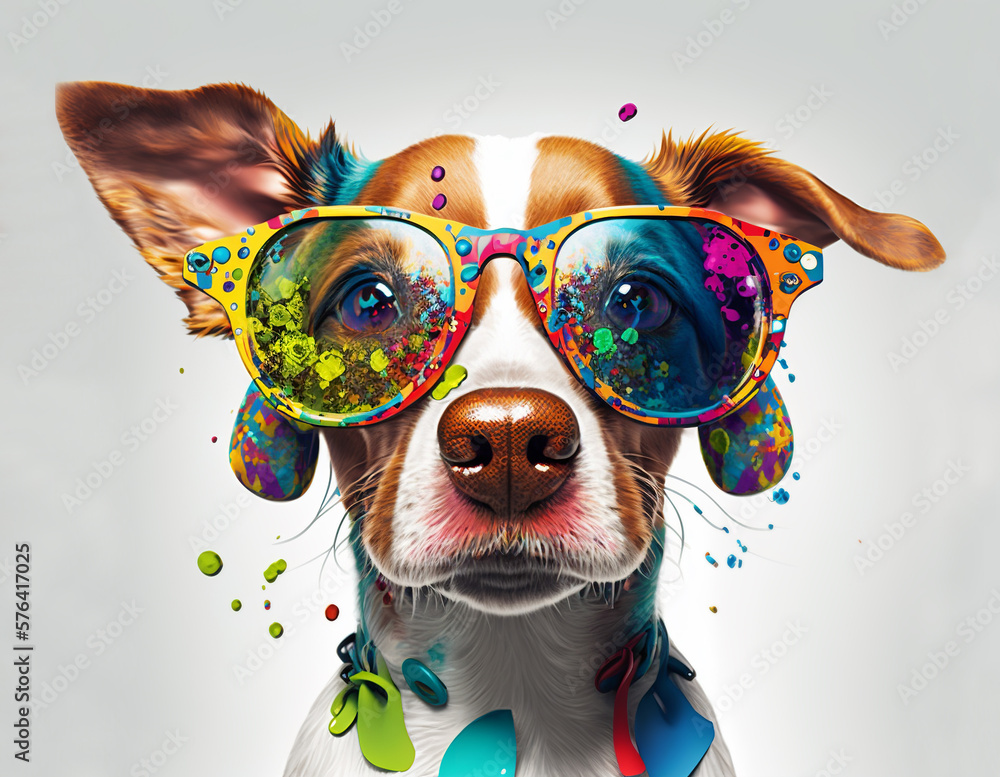 Cartoon colorful dog with sunglasses on white background. Created with