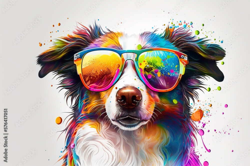 Cartoon colorful dog with sunglasses on white background. Created with