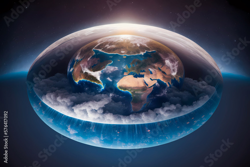 Flat Earth in space. Concept mythology universe and world are disk. Generation AI photo