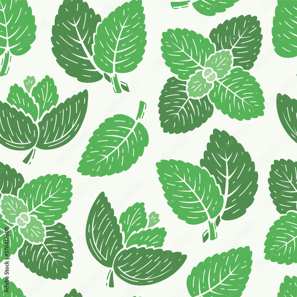 Peppermint Green Leaves Seamless Pattern. Floral Background with Fresh Mint Leaf. Medicinal Plants and Spicy Herbs. Vector illustration Peppermint Green Leaves Seamless Pattern. Floral Background with Fresh Mint Leaf. Medicinal Plants and Spicy Herbs. Vector illustration