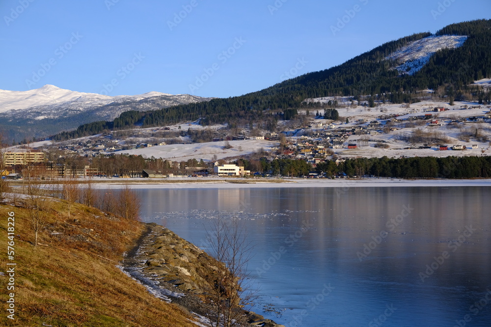 Voss Lake and mountains in Spring, Voss, Norway